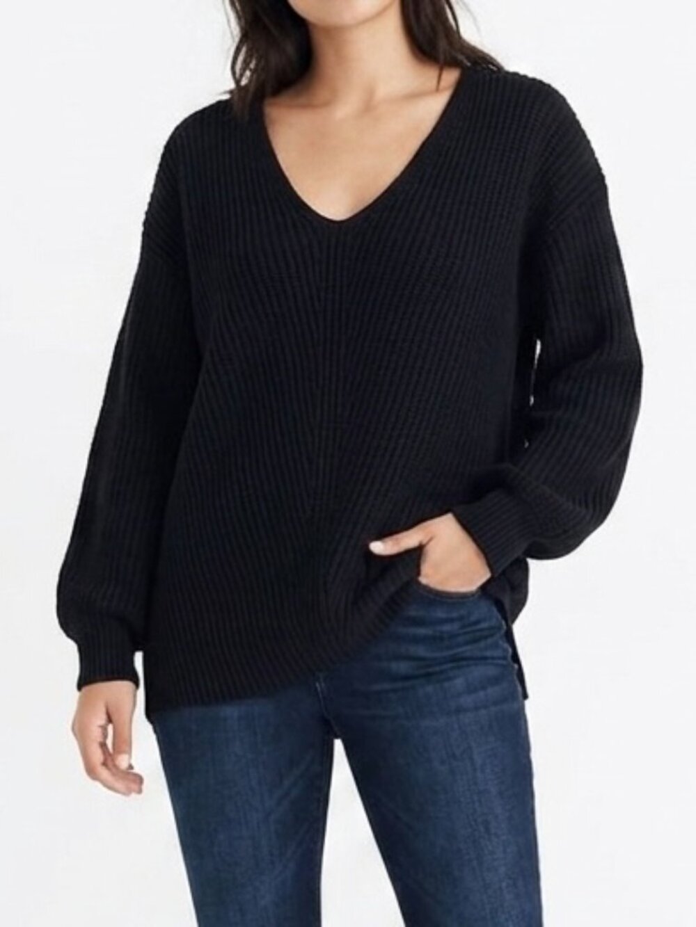 BP V Neck Sweater Black Ribbed Knit Plunge V Neck Long Sleeve Women's Size XXS